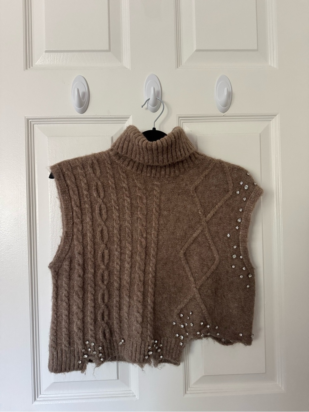 Zara Taupe Brown Cable-Knit Sleeveless Turtleneck Sweater Vest with Pearl Studs